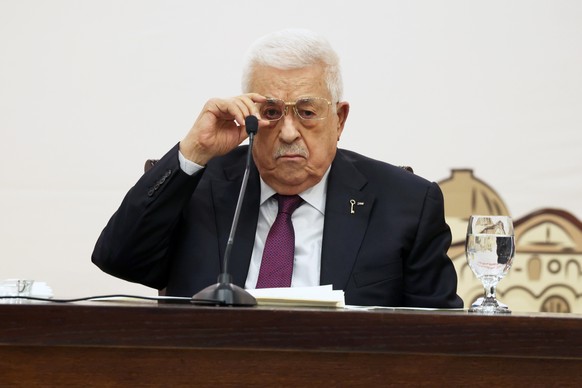 epa12048735 Palestinian Authority President Mahmoud Abbas attends the 32nd Palestinian Liberation Organization (PLO) Central Council session at his presidency compound in the West Bank City of Ramalla ...