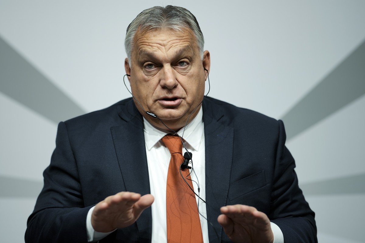 Hungarian Prime Minister Viktor Orban speaks during a panel discussion organised by publisher houses about 'Storm over Europe - the Ukraine war, the energy crisis and geopolitical challenges' ...