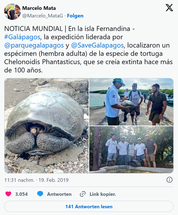 Die Wiederentdeckung der Fernandina-Insel-Galapagos-Schildkröte

https://x.com/Marcelo_MataG/status/1097987178091687942?s=20