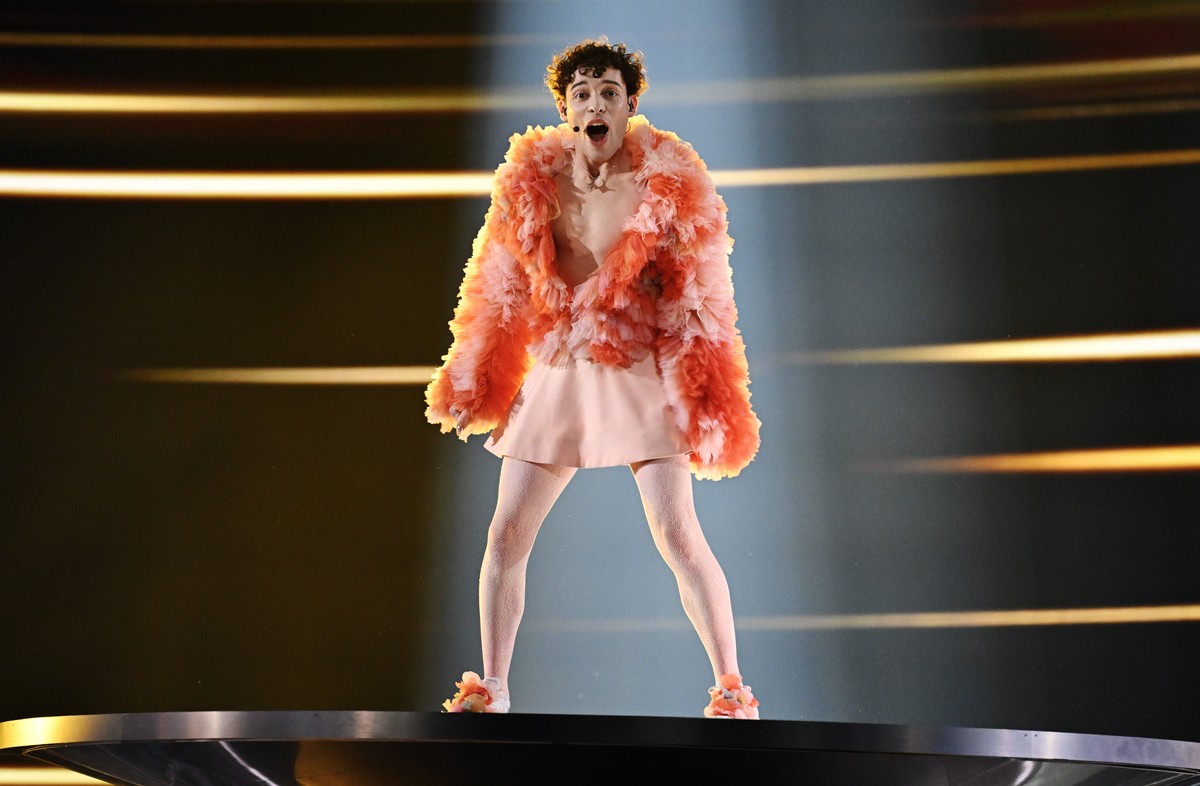 epa11329946 Nemo representing Switzerland with the song 'The code' performs during the second semi-final of the 68th edition of the Eurovision Song Contest (ESC) at the Malmo Arena, in Malmo ...