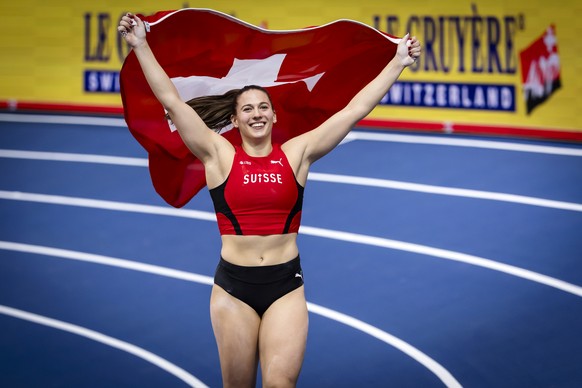 KEYPIX - Gold medalist Angelica Moser of Switzerland in pole vault celebrates after winning the pole vault competition during the European Athletics Indoor Championships at the Omnisport arena in Apel ...