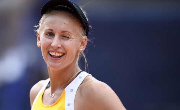 Jil Teichmann Of Switzerland reacts during the doubles match against Timea Bacsinszky of Switzerland and Lara Arruabarrena of Spain (not pictured) during the quarter-finals game at the WTA Ladies Cham ...