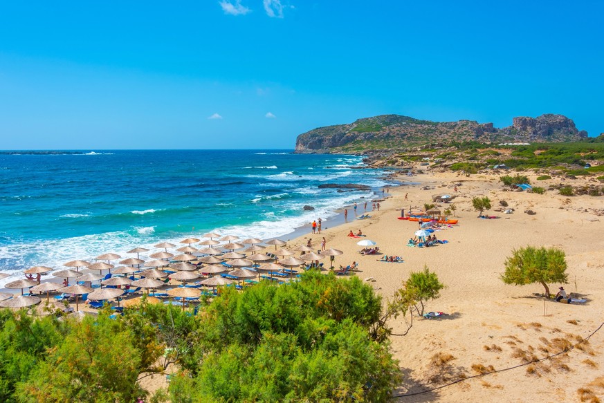 Falasarna, Greece, August 21, 2022: Summer day at Falasarna beach at Crete, Greece.