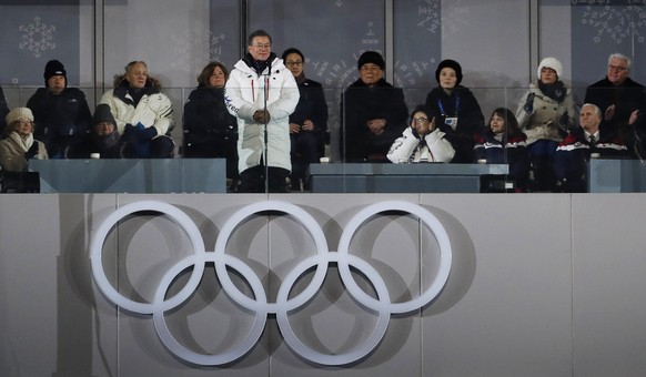 South Korean President Moon Jae-in officially opens the 2018 Winter Olympics, with Kim Yo Jong, fifth from right, sister of North Korean leader Kim Jong Un, and North Korea's nominal head of state Kim Yong Nam, to her left, and U.S. Vice President Mike Pence, second right, during the opening ceremony in Pyeongchang, South Korea, Friday, Feb. 9, 2018. (AP Photo/Petr David Josek)