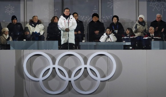 South Korean President Moon Jae-in officially opens the 2018 Winter Olympics, with Kim Yo Jong, fifth from right, sister of North Korean leader Kim Jong Un, and North Korea&#039;s nominal head of stat ...