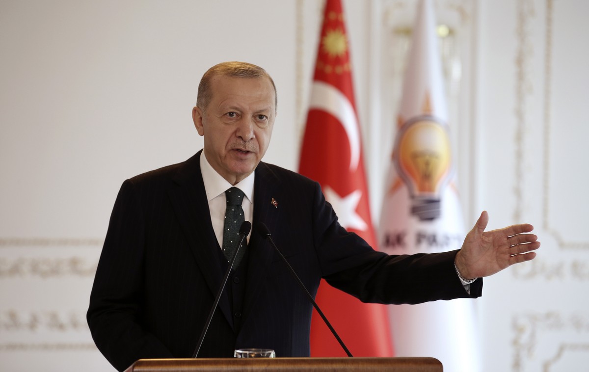 Turkey's President Recep Tayyip Erdogan speaks virtually to ruling party members from his Vahdettin Pavilion, in Istanbul, Sunday, Nov. 22, 2020. Erdogan said Sunday that Turkey sees itself as a  ...