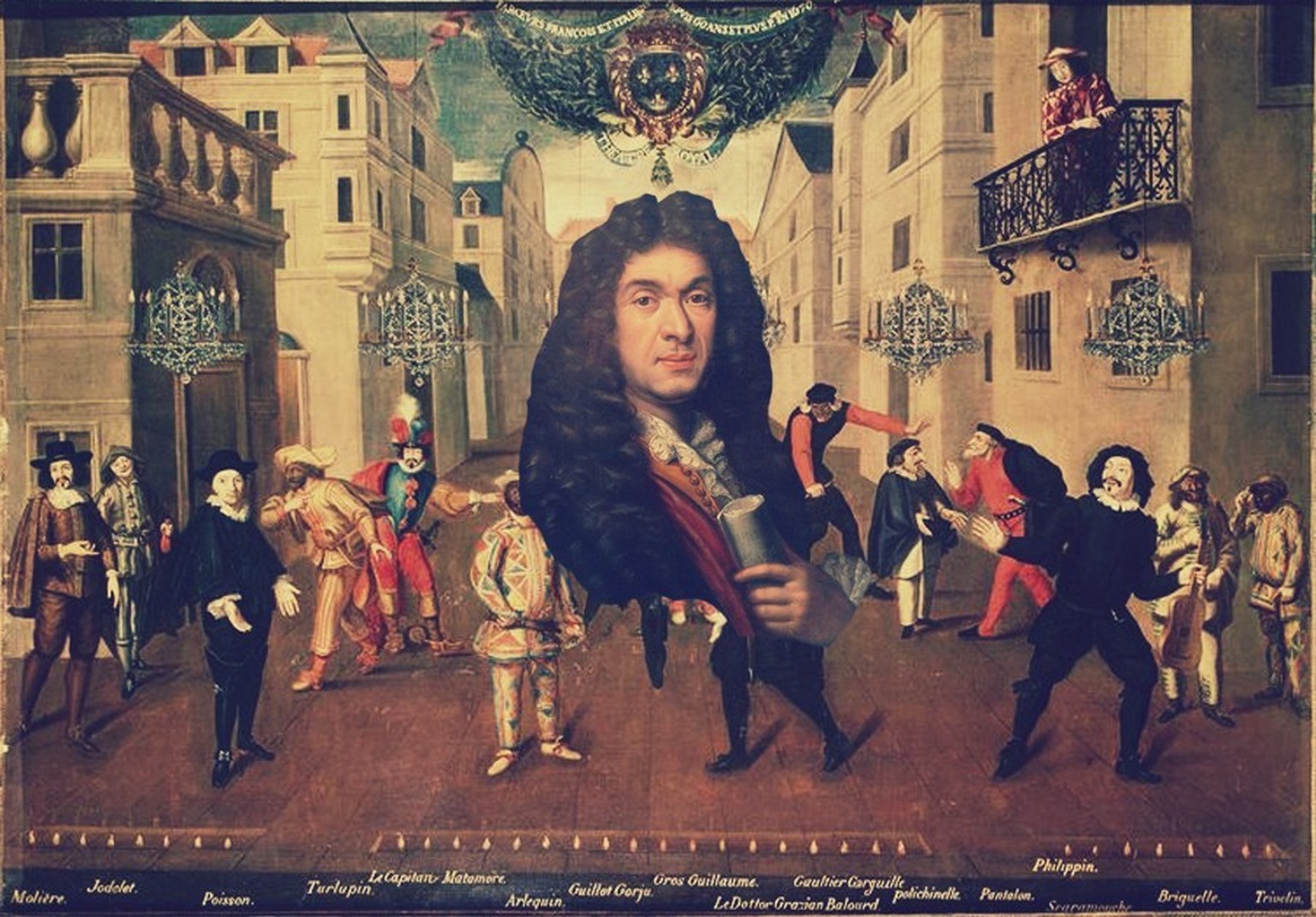 Molière (ganz links) mit französischen und italienischen Komödianten und in die Mitte reinmontiert der Star der heutigen Geschichte: Jean-Baptiste Lully.