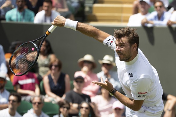 Stan Wawrinka of Switzerland in action during his first round match against Ruben Bemelmans of Belgium, at the All England Lawn Tennis Championships in Wimbledon, London, on Monday, July 1, 2019.(KEYS ...