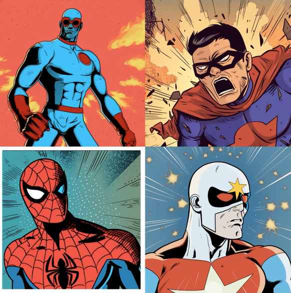 Aufgabe für die KI: «A 2D comic book panel of a superhero in the style of Marvel». Der daraufhin von Google Bard vorgeschlagene Prompt generierte diese Bilder.