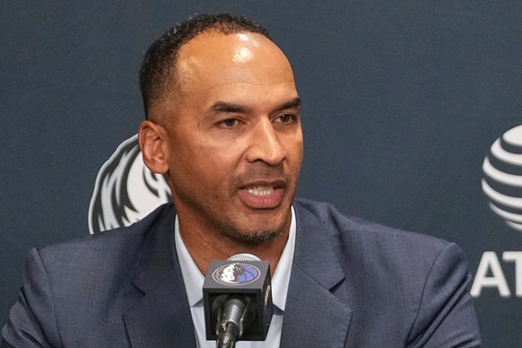 Dallas Mavericks general manager Nico Harrison speaks during a press conference at the NBA basketball team&#039;s basketball practice facility, Friday, June 27, 2025, in Dallas. (AP Photo/Tony Gutierr ...