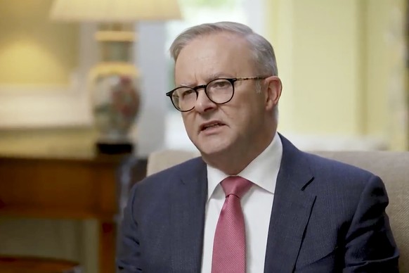 In this image made from video, Australian Prime Minister Anthony Albanese speaks during an interview with Australian Broadcasting Corp. in London, Thursday, May 4, 2023. Albanese has expressed frustra ...