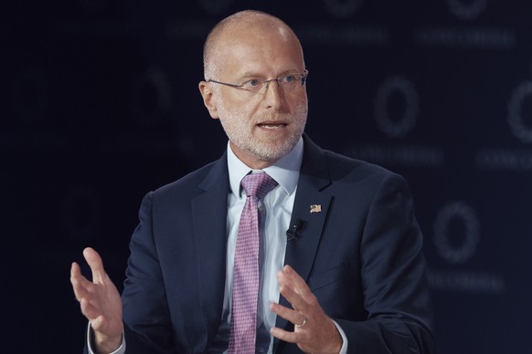 Chairman of the Federal Communications Commission of the United States Brendan Carr speaks during the Concordia Annual Summit in New York, Monday, Sept. 22, 2025. (AP Photo/Andres Kudacki)
Brendan Car ...