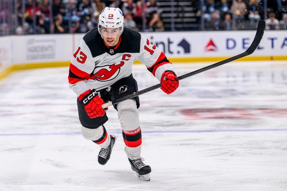 New Jersey Devils center Nico Hischier skates during the second period of an NHL hockey game against the Utah Mammoth, Friday, Dec. 19, 2025, in Salt Lake City. (AP Photo/Tyler Tate)
Nico Hischier