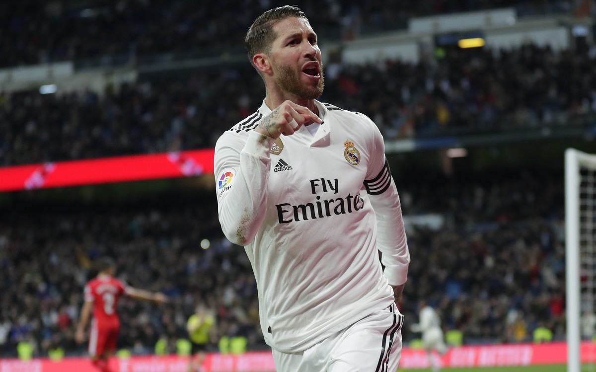 FILE - In this Thursday, Jan. 24, 2019 file photo, Real Madrid's Sergio Ramos celebrates after scoring during a Spanish Copa del Rey soccer match between Real Madrid and Girona in Madrid, Spain.R ...