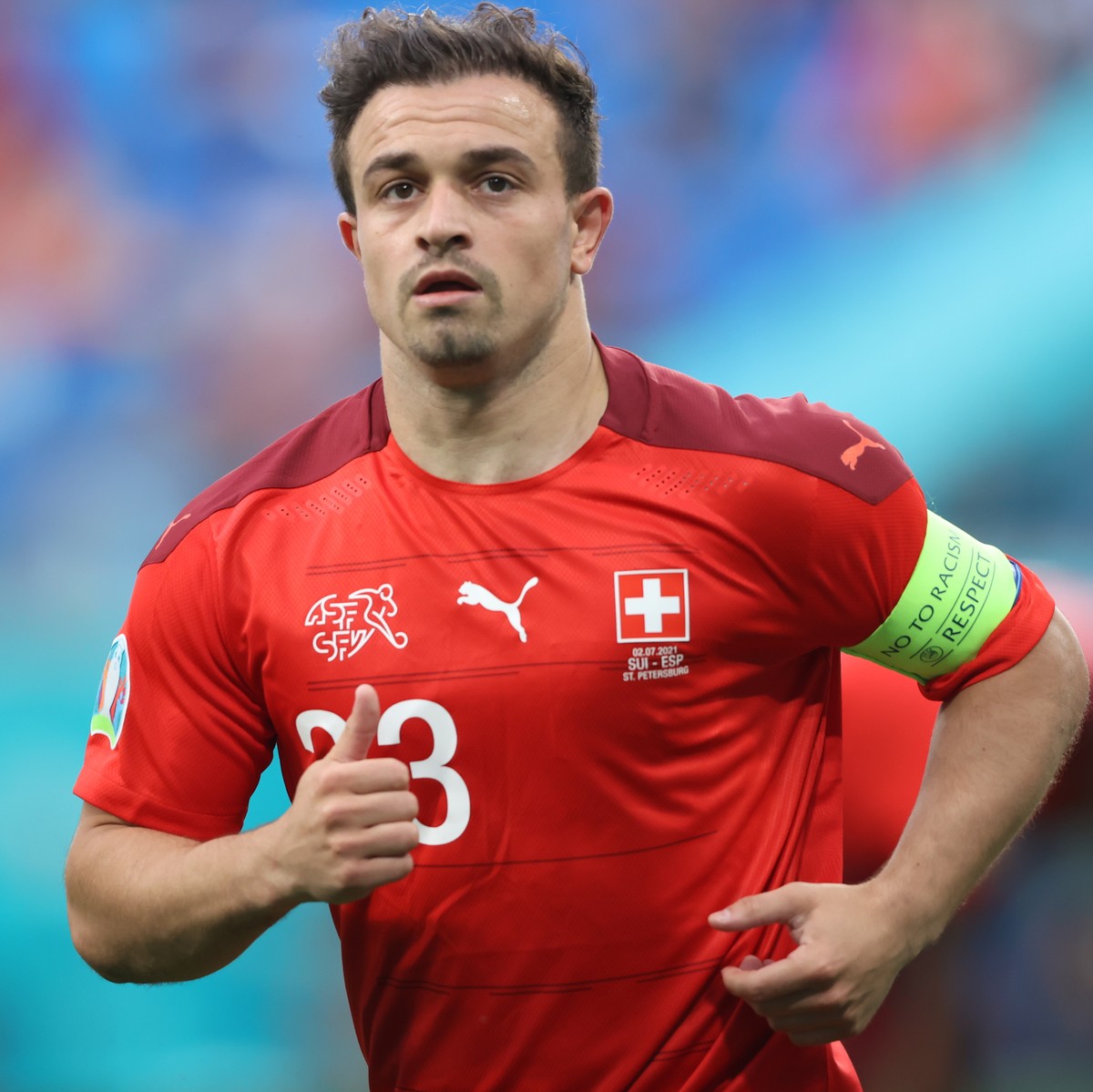 epa09318376 Xherdan Shaqiri of Switzerland in action during the UEFA EURO 2020 quarter final match between Switzerland and Spain in St.Petersburg, Russia, 02 July 2021. EPA/Alexander Hassenstein / POO ...