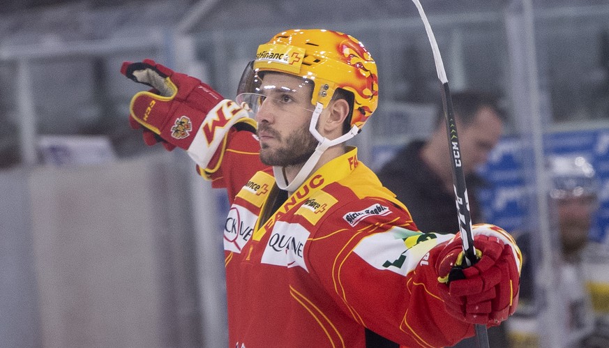 Biels TopScorer Jason Fuchs, jubelt nach seinem Tor (2-1) im dritten Eishockey Playoff-Viertelfinalspiel der National League zwischen dem HC Biel und dem HC Ambri Piotta, am Donnerstag, 14. Maerz 2019 ...