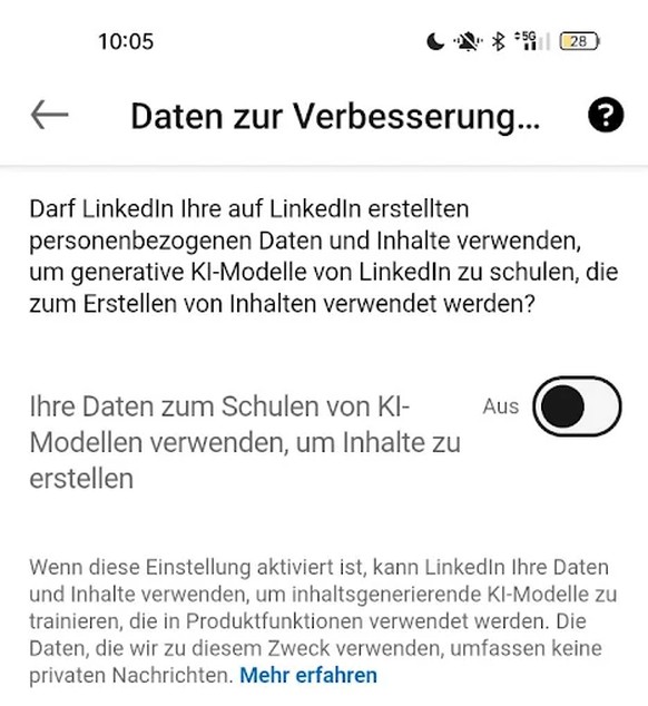 Linkedin erlaubt sich die Datennutzung fürs KI-Training, sofern man diesen Schalter nicht selbst umlegt.