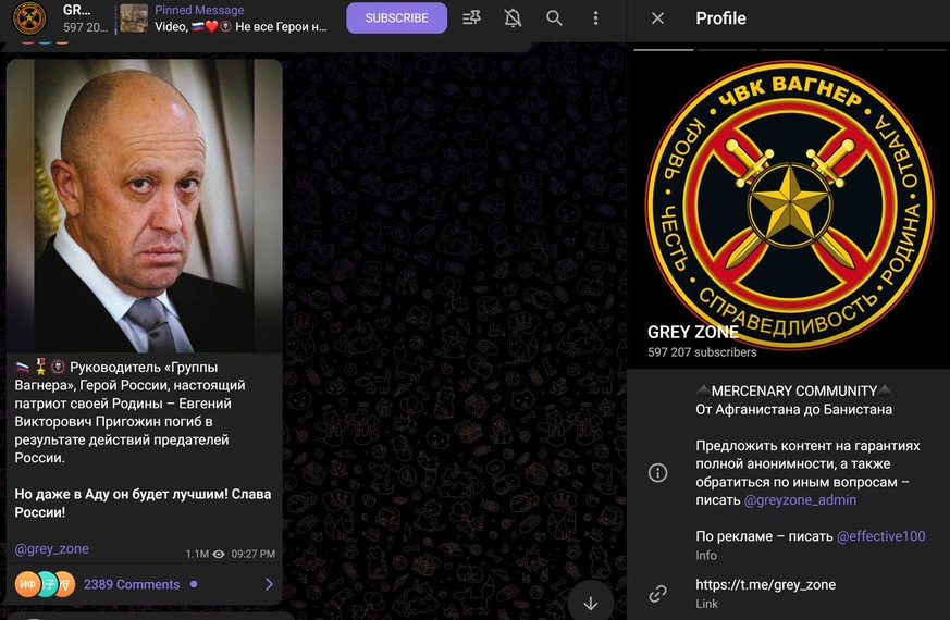 «Grey Zone» hat über 500'000 Abonnenten auf Telegram. Prigoschins Todesanzeige wurde bisher 1,1 Millionen Mal betrachtet.