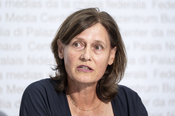 Nationalraetin Monika Rueegger, SVP-OW, spricht zur Abstimmungskampagne Ja zur Neutralitaetsinitiative, am Dienstag, 4. August 2026, in Bern. (KEYSTONE/Peter Schneider)