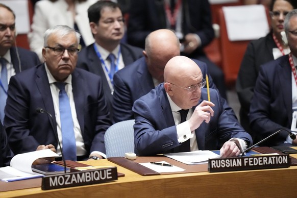 Russian Ambassador to the United Nations Vasily Nebenzya lifts a pencil to ask to speak during a high level Security Council meeting on the situation in Ukraine, Wednesday, Sept. 20, 2023 at the Unite ...