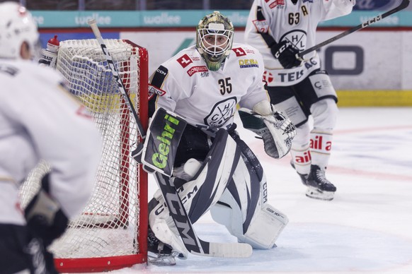 HC Lugano Torhueter Dominic Nyffeler waehrend dem Eishockey-Meisterschaftsspiel der National League zwischen den Teams EHC Kloten und HC Lugano am Samstag, 2. November 2024, in Kloten. (KEYSTONE/Patri ...
