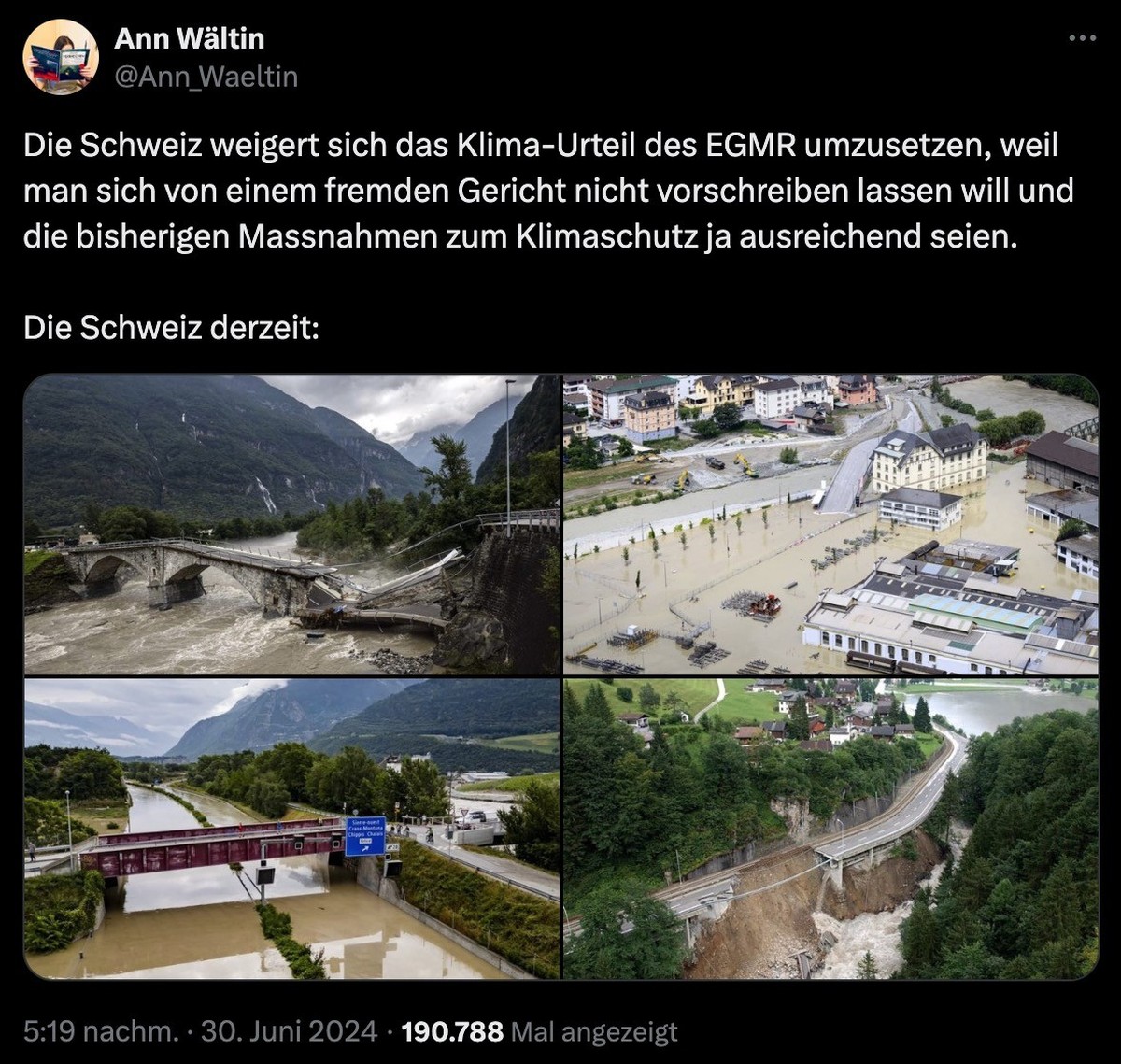 Tweet zur fragwürdigen Haltung der Schweizer Politik zum Klima-Urteil des EGMR