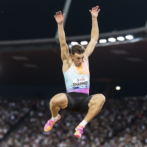 Simon Ehammer of Switzerland competes in the long jump men during the World Athletics Diamond League Weltklasse Zurich athletics meeting at the Letzigrund stadium in Zurich, Switzerland, on Thursday,  ...