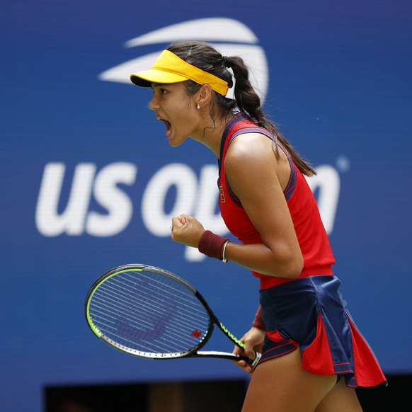epa09455747 Emma Raducanu of Great Britain reacts as she plays Belinda Bencic of Switzerland during their quarterfinals round match on the tenth day of the US Open Tennis Championships the USTA Nation ...