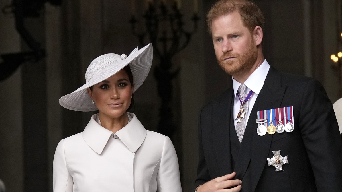 FILE - Prince Harry and Meghan Markle, Duke and Duchess of Sussex leave after a service of thanksgiving for the reign of Queen Elizabeth II at St Paul's Cathedral in London, Friday, June 3, 2022  ...