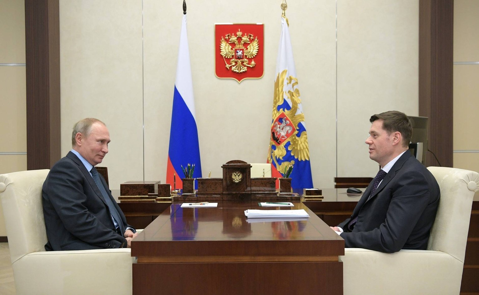 February 21, 2018. - Russia, Moscow Region, Novo-Ogaryovo. - Russian President Vladimir Putin and Severstal Directors Board Chairman Aleksey Mordashov (right) during a meeting. KremlinxPool PUBLICATIO ...