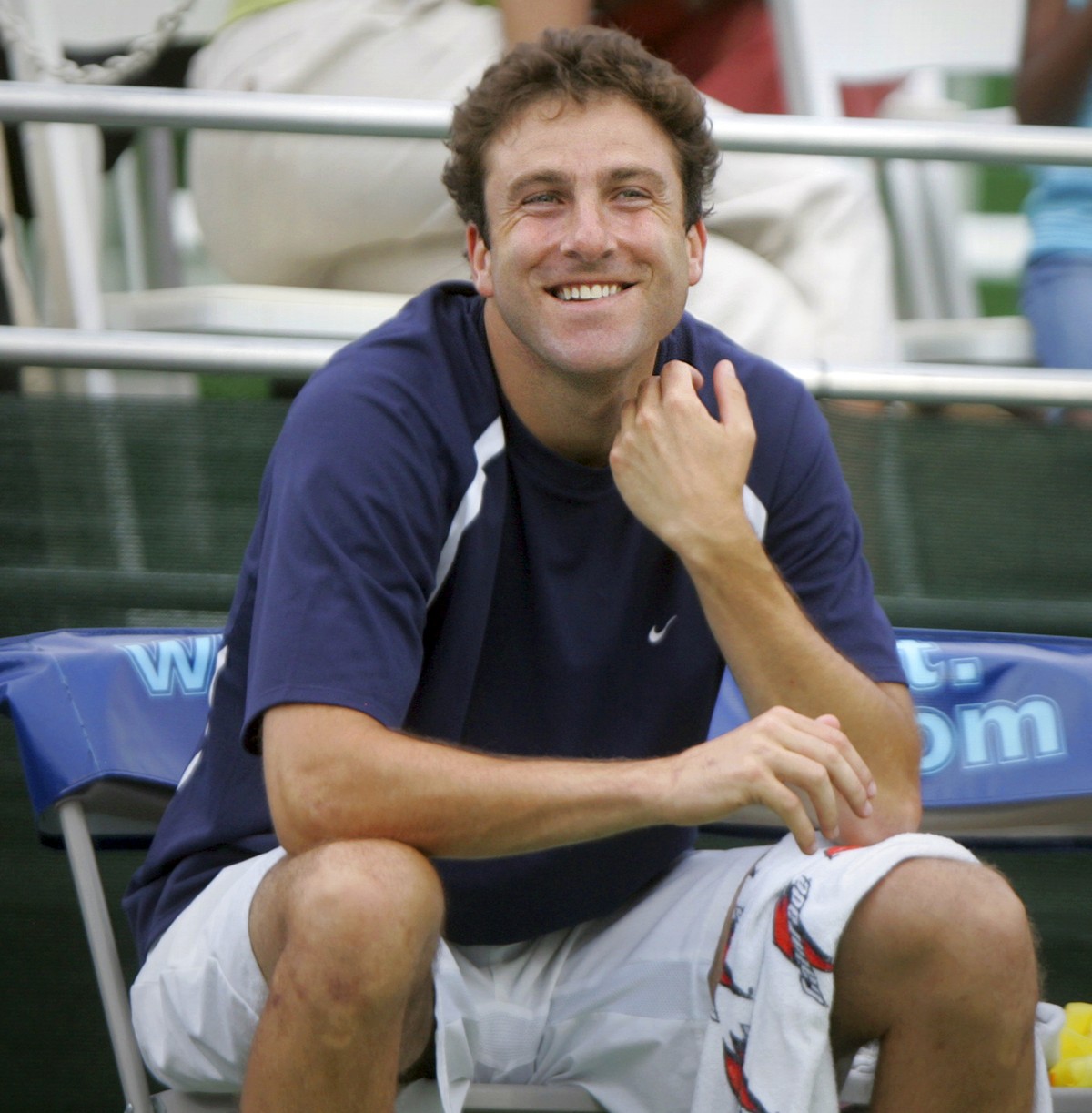 FILE - In this July 23, 2008 file photo, Justin Gimelstob, then a member of Kastles' World Team Tennis, smiles during a match in Washington. Now a tennis broadcaster and coach, Gimelstob faces a  ...