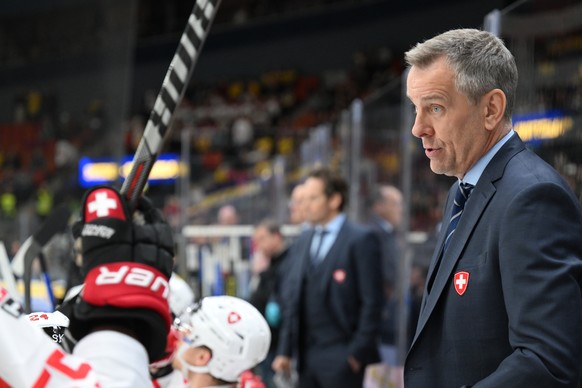 epa10609096 Switzerland&#039;s Assistant Coach Tommy Albelin during the Carlson Hockey Games Ice hockey match, part of the Euro Hockey Tour, between Sweden and Switzerland, in Gothenburg, Sweden, 04 M ...
