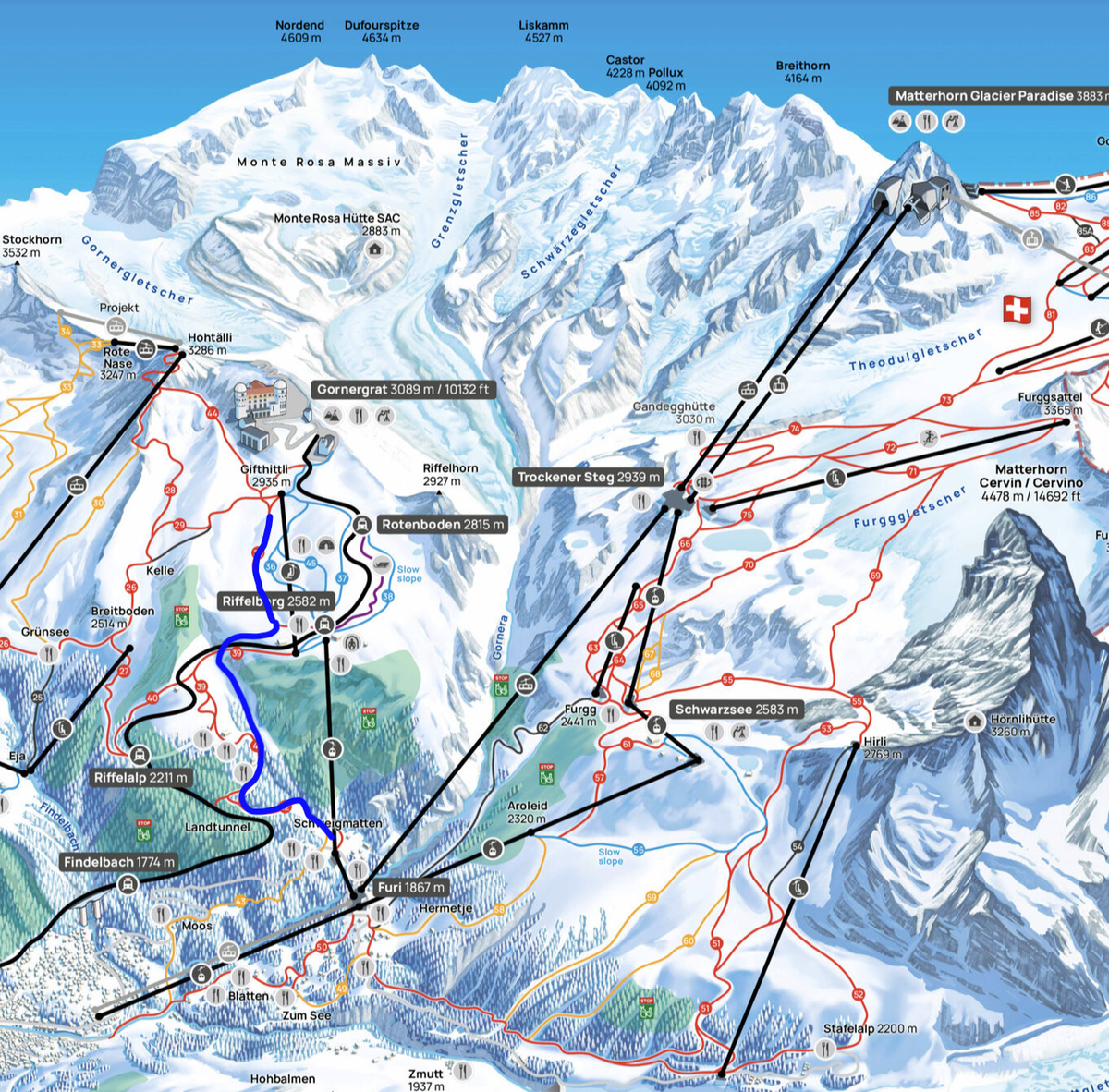 Pistenplan Zermatt mit Einzeichnung mit neuer FIS-Weltcup-Abfahrt.