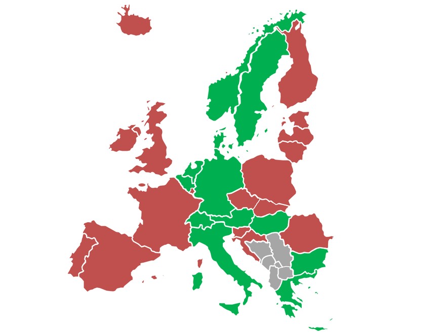 Grün: Länder des EU-/-Schengenraums, welche die Quote bereits (über)erfüllen<br>Rot: Länder des EU-/Schengenraums, welche die Quote nicht erfüllen<br>Grau: Weder Mitglied der EU noch des Schengenraums<br data-editable="remove">