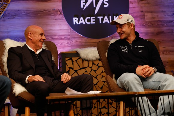 FIS (International Ski Federation) President, Johan Eliasch, left, and Switzerland's Marco Odermatt meet the media ahead of the alpine ski, World Cup opening races, in Soelden, Austria, Friday, O ...