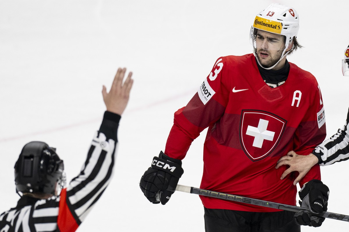 Switzerland's Nico Hischier reacts during the Ice Hockey World Championship group A preliminary round match between Switzerland and Great Britain in Prague at the O2 Arena, Czech Republic, on Wed ...