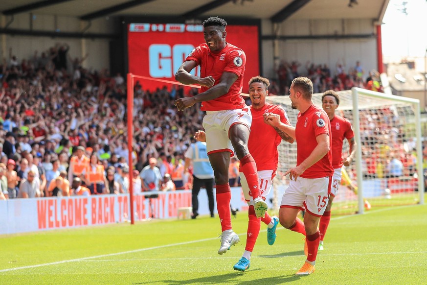 Nottingham Forest v West Ham United Premier League 14/08/2022. GOAL 1 - 0 Taiwo Awoniyi 9 of Nottingham Forest scores and celebrates during the Premier League match between Nottingham Forest and West  ...