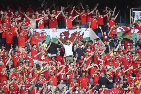 Wales fans cheer before the start of the Euro 2016 round of 16 soccer match between Wales and Northern Ireland, at the Parc des Princes stadium in Paris, Saturday, June 25, 2016. (AP Photo/Petr David Josek)