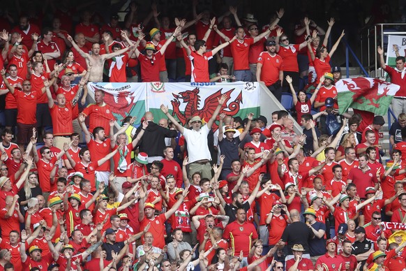 Wales fans cheer before the start of the Euro 2016 round of 16 soccer match between Wales and Northern Ireland, at the Parc des Princes stadium in Paris, Saturday, June 25, 2016. (AP Photo/Petr David  ...