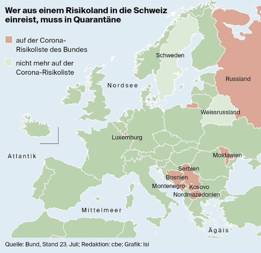 Markiert sind die Risikogebiete in Europa.