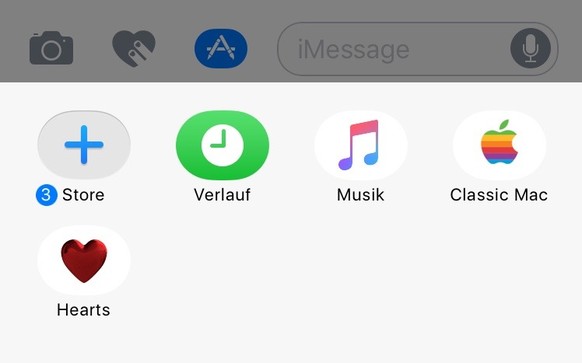 In der Nachrichten-App tippt man auf das App-Store-Symbol (blau) und dann auf das «+»-Zeichen (Store).