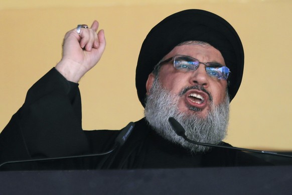 FILE - In this Oct. 24, 2015 file photo, Hezbollah leader Sheik Hassan Nasrallah addresses a crowd during the holy day of Ashoura, in a southern suburb of Beirut, Lebanon. (AP Photo/Hassan Ammar, File ...