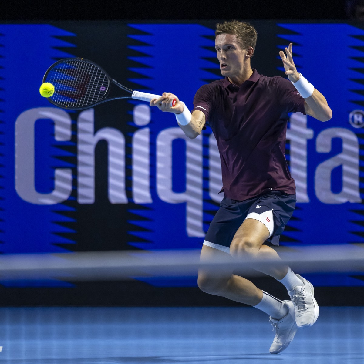 Czech Republic's Jiri Lehecka during his quarter-final match against Switzerland's Jerome Kym at the Swiss Indoors tennis tournament at the St. Jakobshalle in Basel, Switzerland, on Friday,  ...