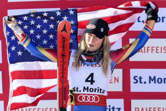 Silver medalist Mikaela Shiffrin of the U celebrates on the podium during the flower ceremony after the women&#039;s Giant Slalom race at the 2017 Alpine Skiing World Championships in St. Moritz, Swit ...
