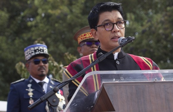 President Andry Rajoelina addresses the state ceremony for the three Sakalava skulls Tuesday, Sept. 2, 2025, in Antananarivo, Madagascar, after they were returned from France where they had been kept  ...