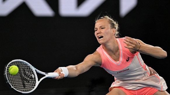 epa11091688 Viktorija Golubic of Switzerland in action during her 3rd round match against Elina Svitolina of Ukraine on Day 7 of the 2024 Australian Open at Melbourne Park in Melbourne, Australia, 20  ...