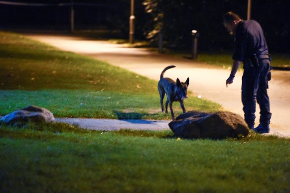 Ein Polizeihund sucht nach den Schüssen am 25. September 2016 den Tatort in Malmö ab.