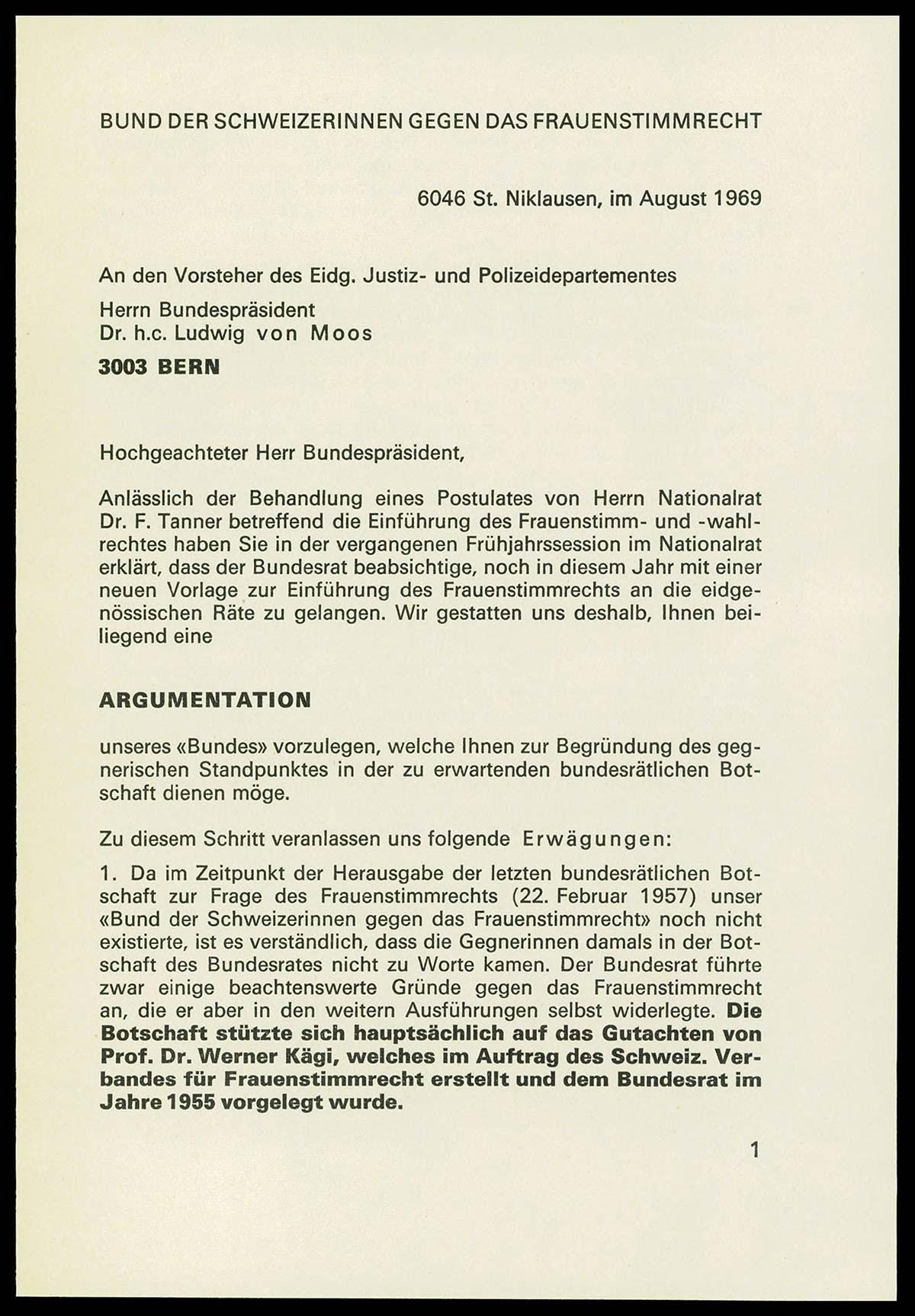 Un pamphlet a été rédigé pour convaincre Ludwig von Moos que l'introduction du droit de vote des femmes serait préjudiciable à la fois à la démocratie et aux femmes.
https://www.recherche.bar.adm ...