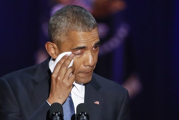 epa05710364 US President Barack Obama wipes a tear from his eye while delivering his farewell address to the American people at McCormick Place in Chicago, Illinois, USA, 10 January 2017. Obama&#039;s ...