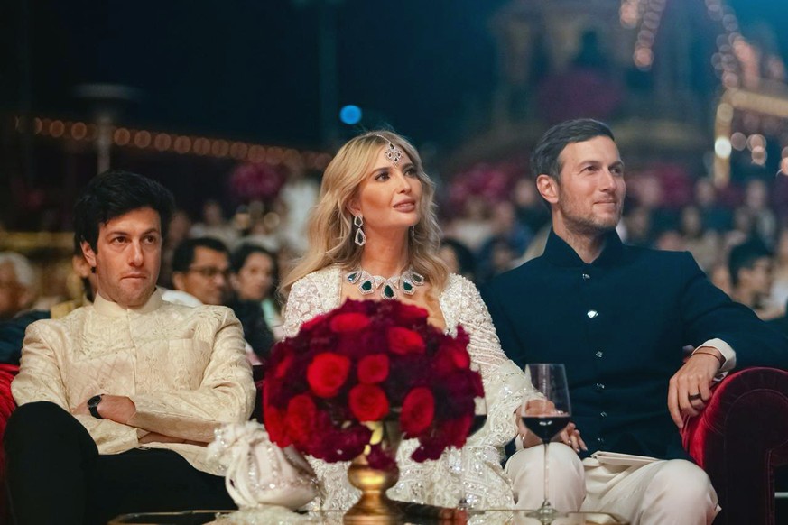 This photo released by the Reliance group shows Ivanka Trump, center, and husband Jared Kushner, right, attending a pre-wedding party of billionaire industrialist Mukesh Ambani's son Anant Am...